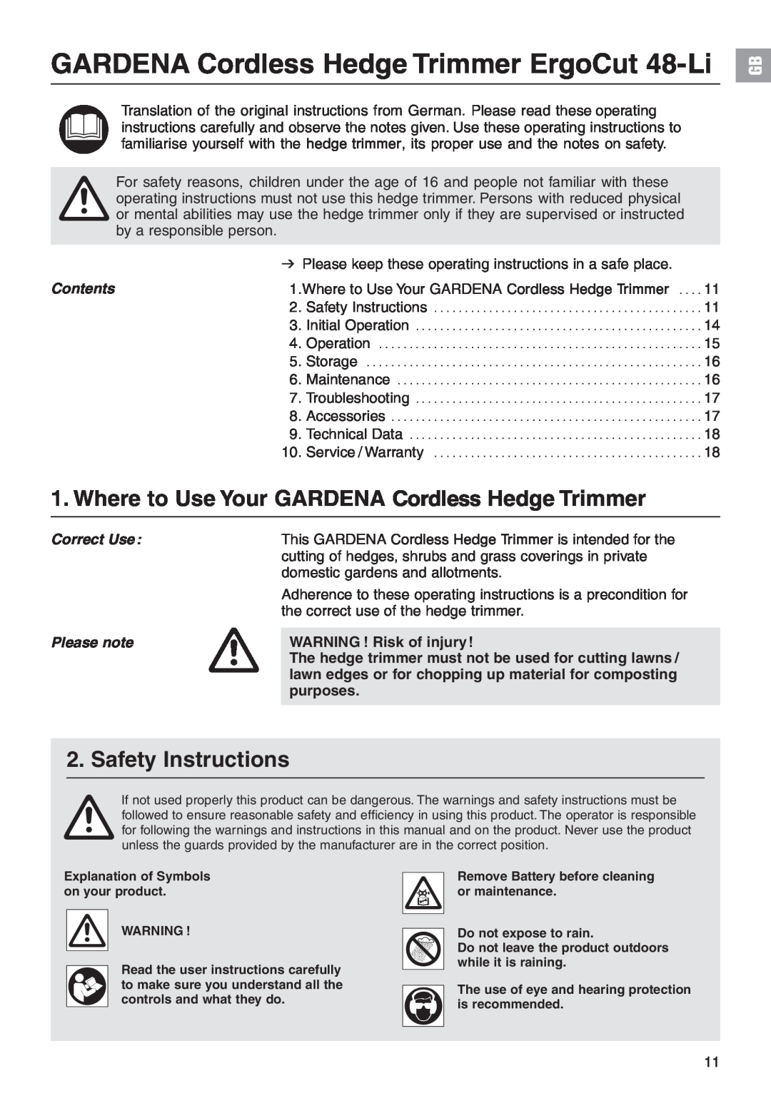 Gardena 48-Li Art. 8878 manual Where to Use Your GARDENA Cordless Hedge Trimmer, Safety Instructions 