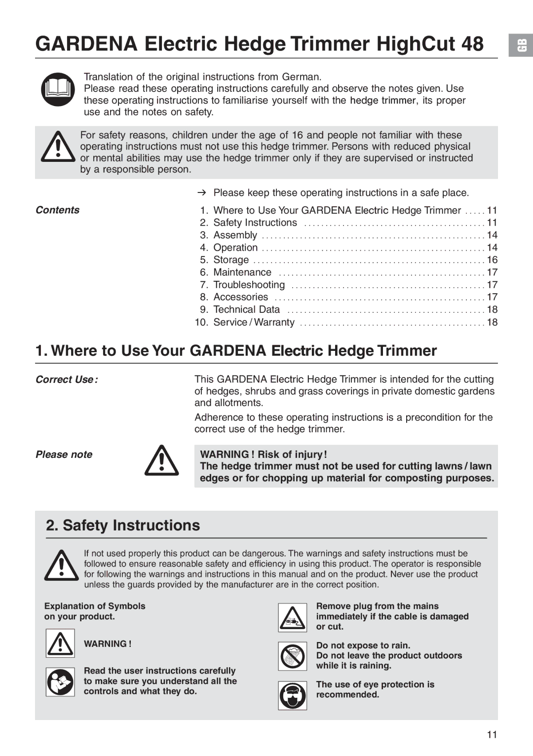 Gardena 48 manual Where to Use Your Gardena Electric Hedge Trimmer, Safety Instructions, Contents, Correct Use, Please note 