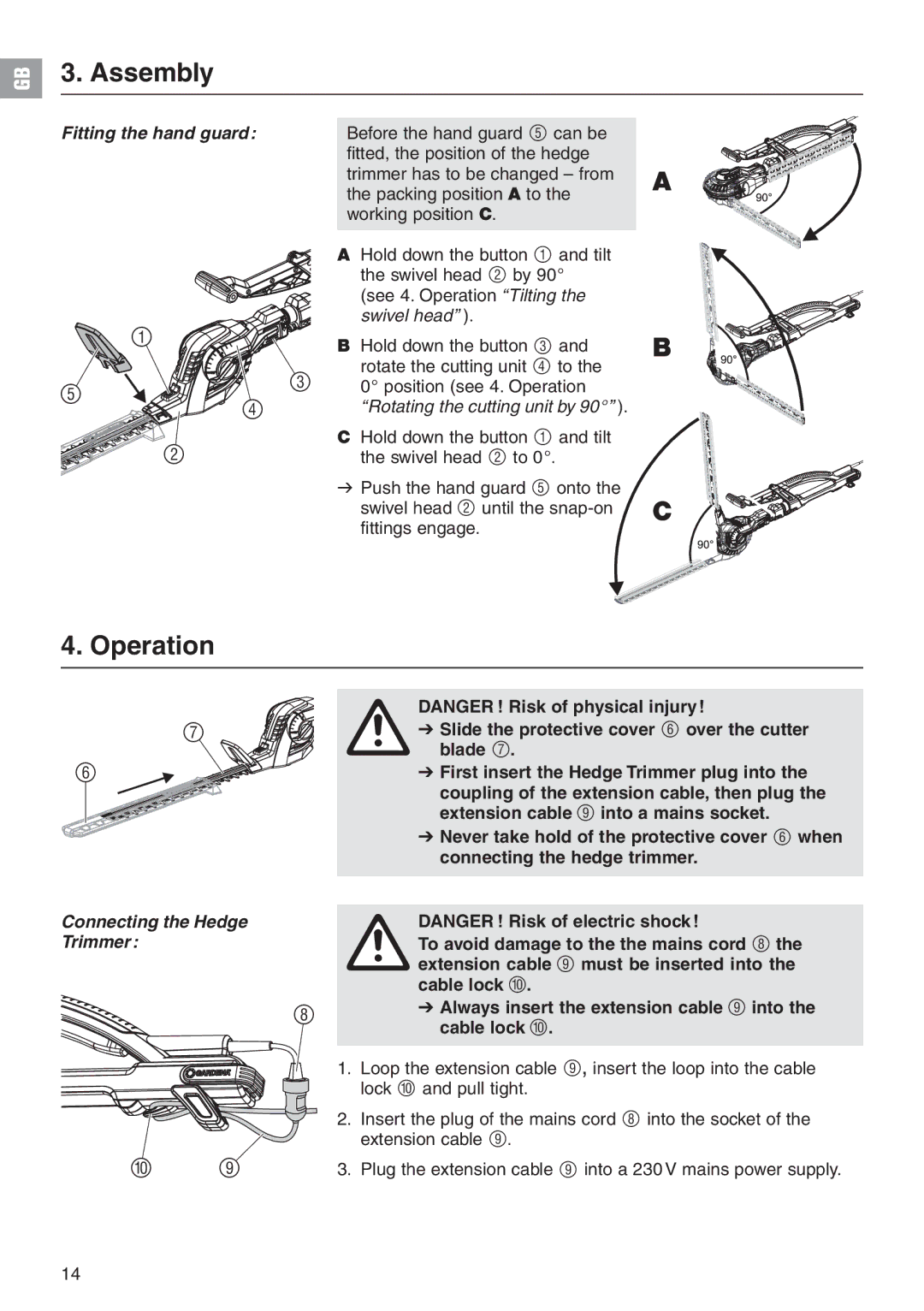 Gardena 48 manual Assembly, Operation, Fitting the hand guard 