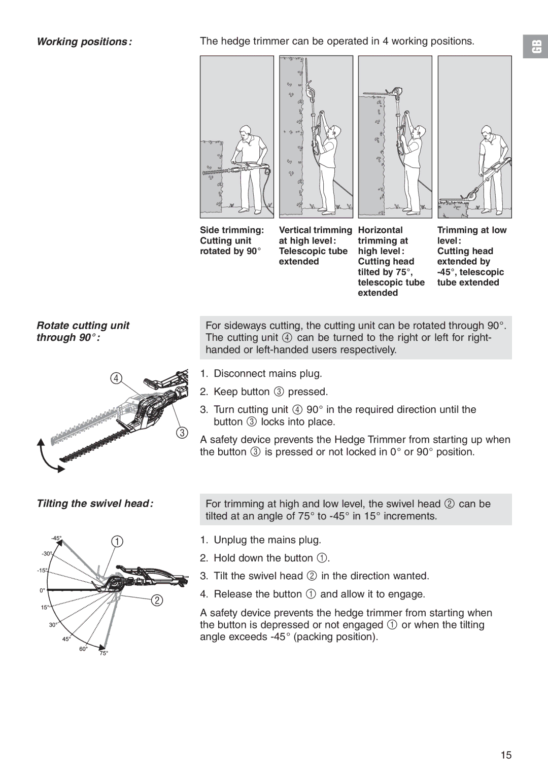 Gardena 48 manual Rotate cutting unit, Through, Disconnect mains plug, Keep button 3 pressed, Tilting the swivel head 