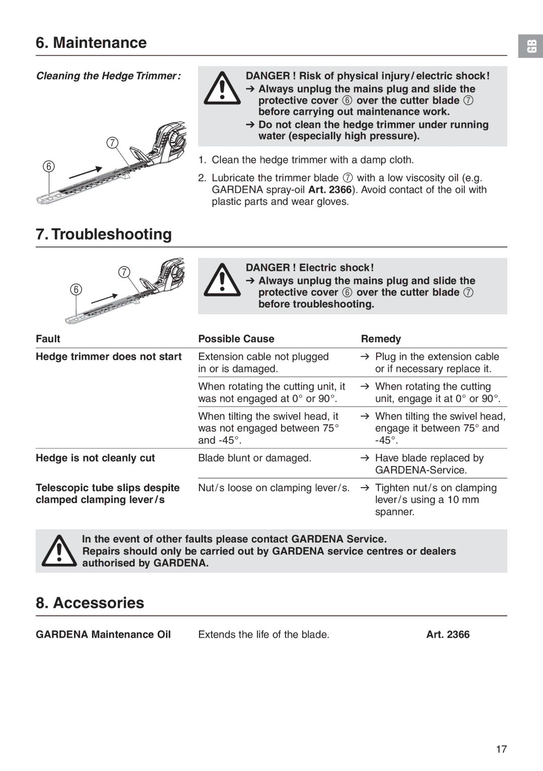 Gardena 48 manual Maintenance, Troubleshooting, Accessories, Cleaning the Hedge Trimmer 