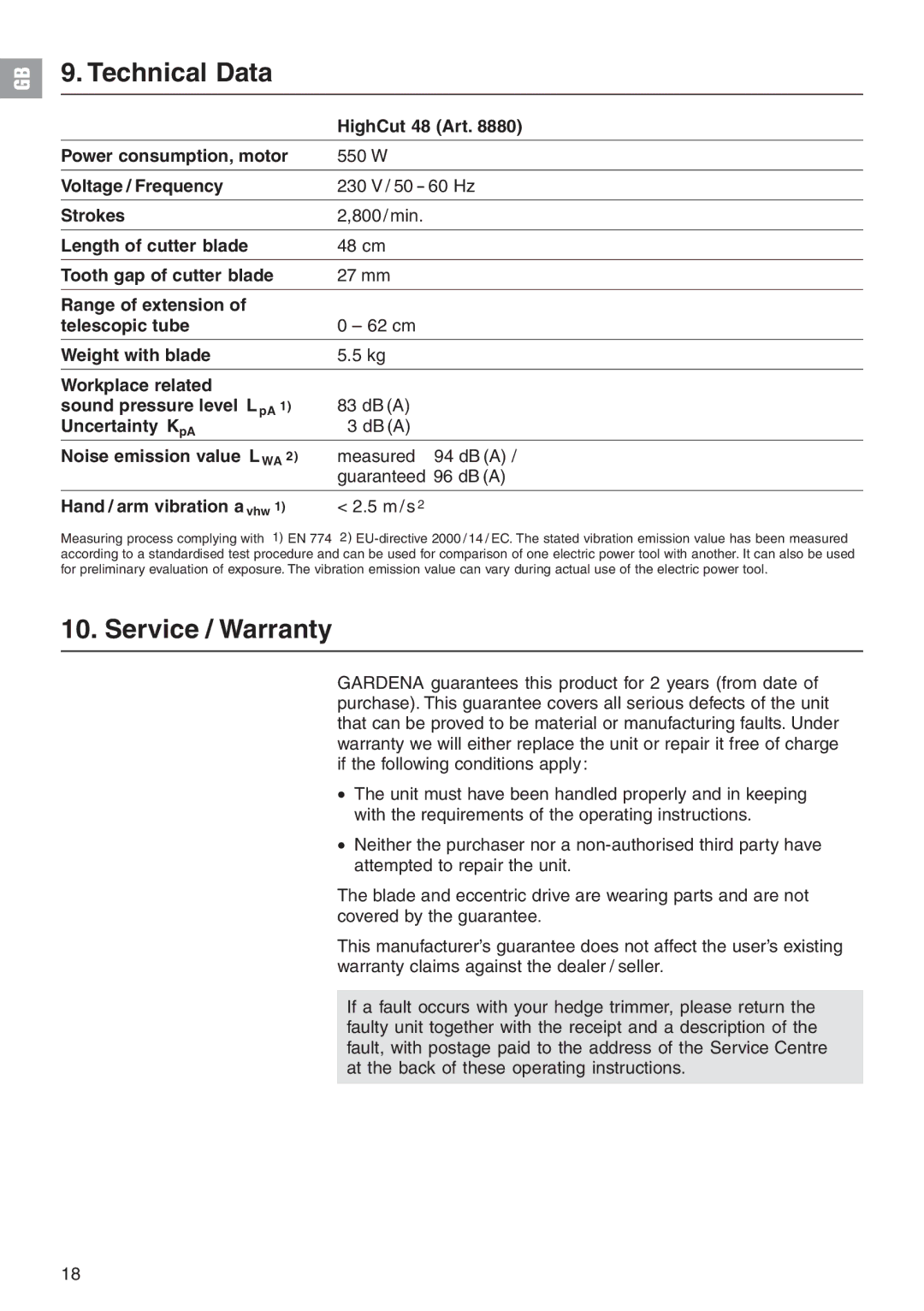 Gardena 48 manual Technical Data, Service / Warranty 