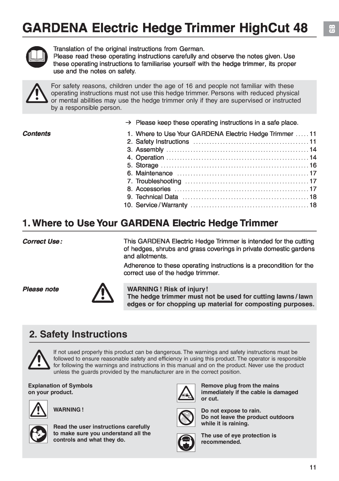 Gardena 48 Where to Use Your GARDENA Electric Hedge Trimmer, Safety Instructions, GARDENA Electric Hedge Trimmer HighCut 