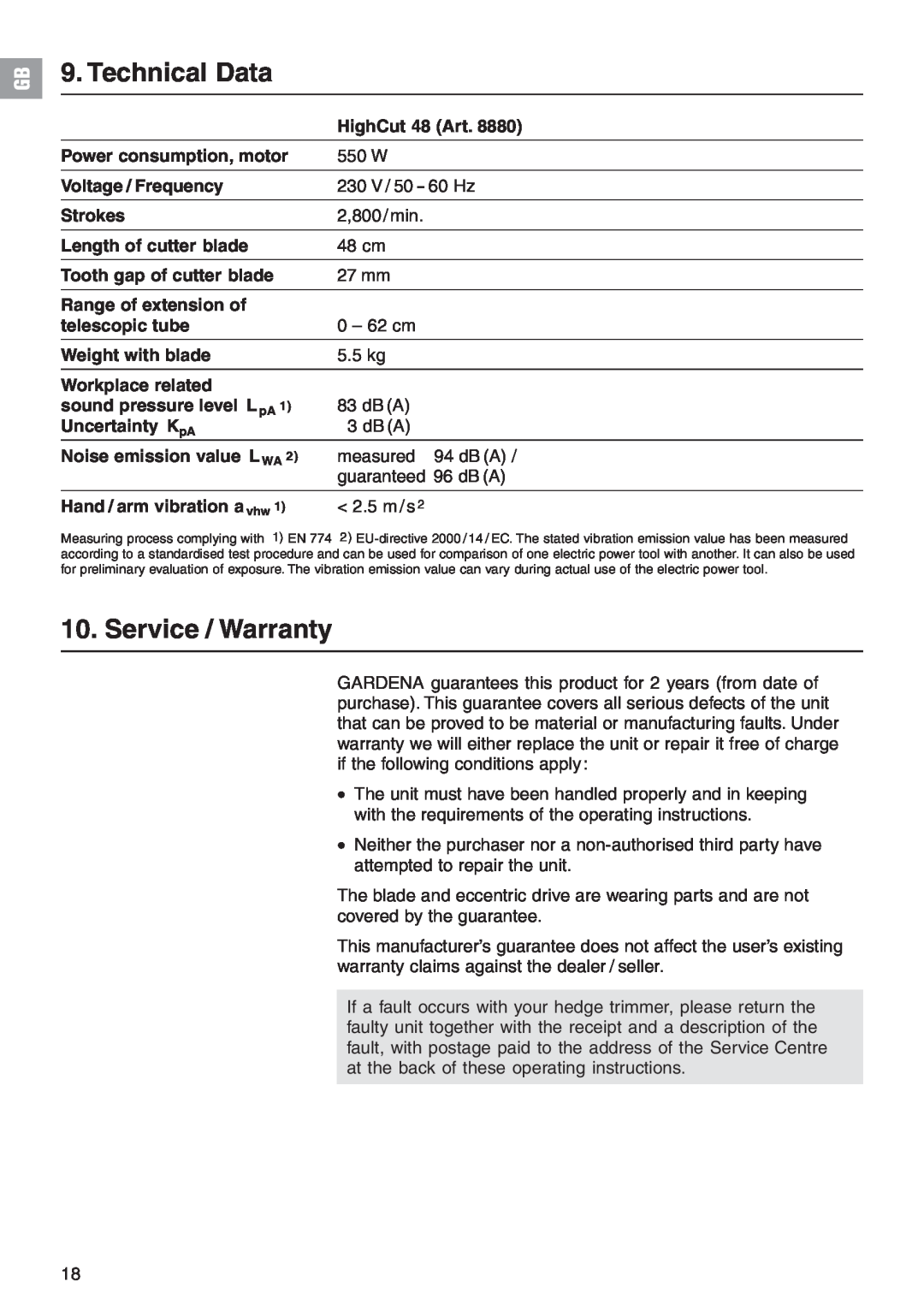 Gardena 48 manual Technical Data, Service / Warranty 