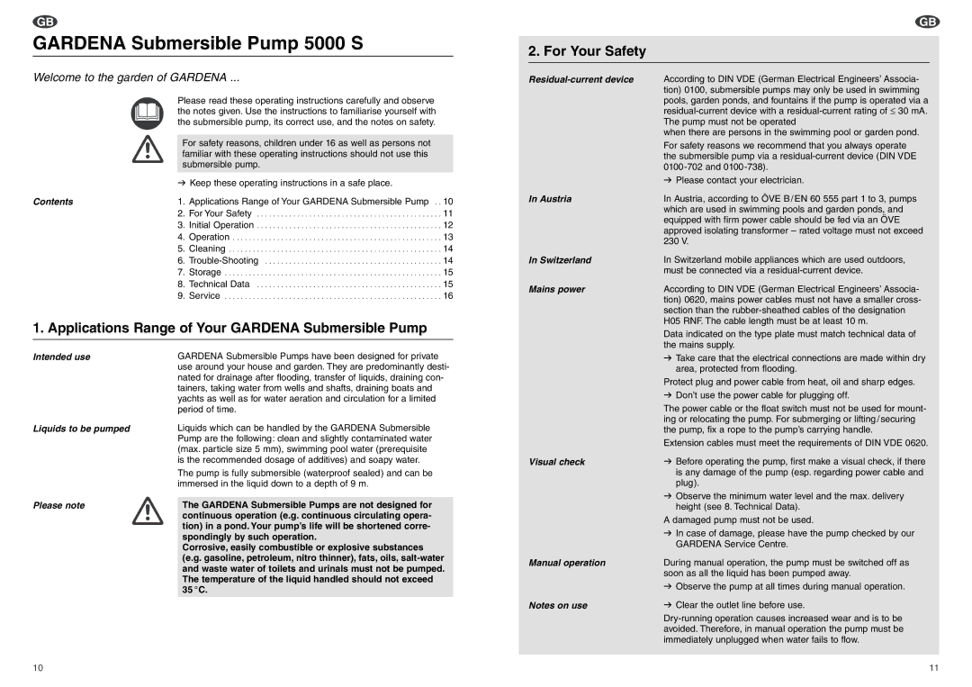 Gardena 5000 S manual For Your Safety, Applications Range of Your Gardena Submersible Pump 