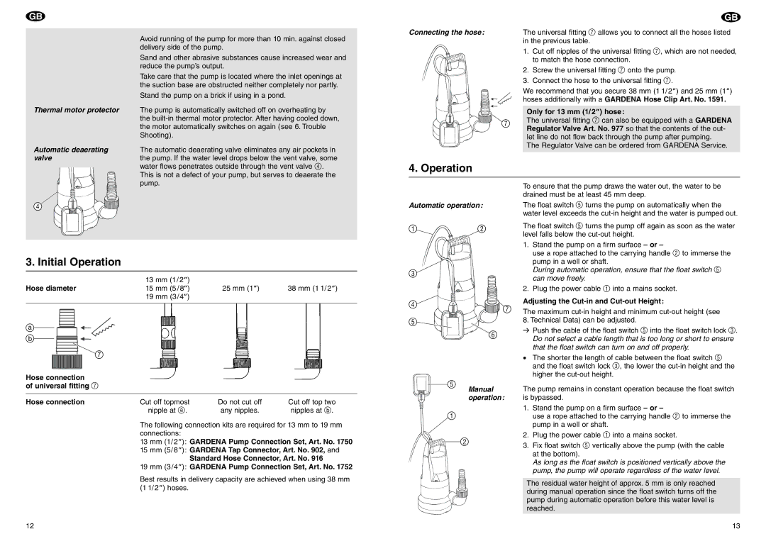 Gardena 5000 S manual Operation Initial Operation, Connecting the hose, Automatic operation, Manual 