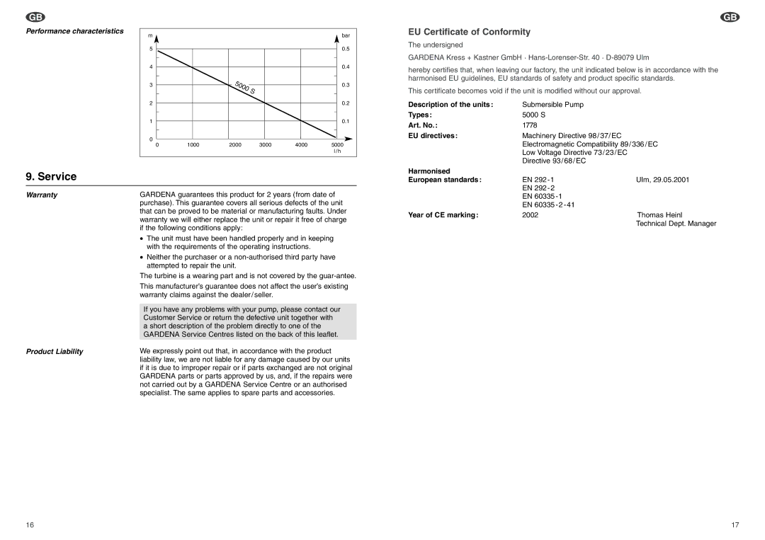 Gardena 5000 S manual Service, Performance characteristics, Warranty Product Liability 