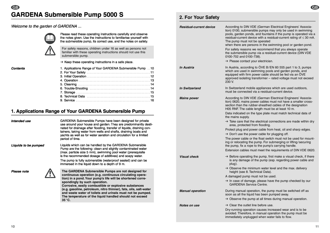Gardena 5000 S manual For Your Safety, Applications Range of Your GARDENA Submersible Pump, Contents 