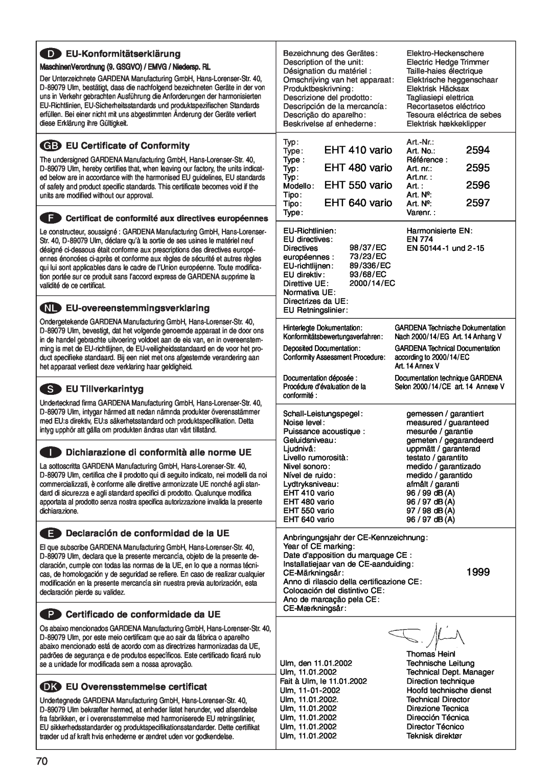 Gardena 550 EU-Konformitätserklärung, GEU Certificate of Conformity, NEU-overeenstemmingsverklaring, SEU Tillverkarintyg 