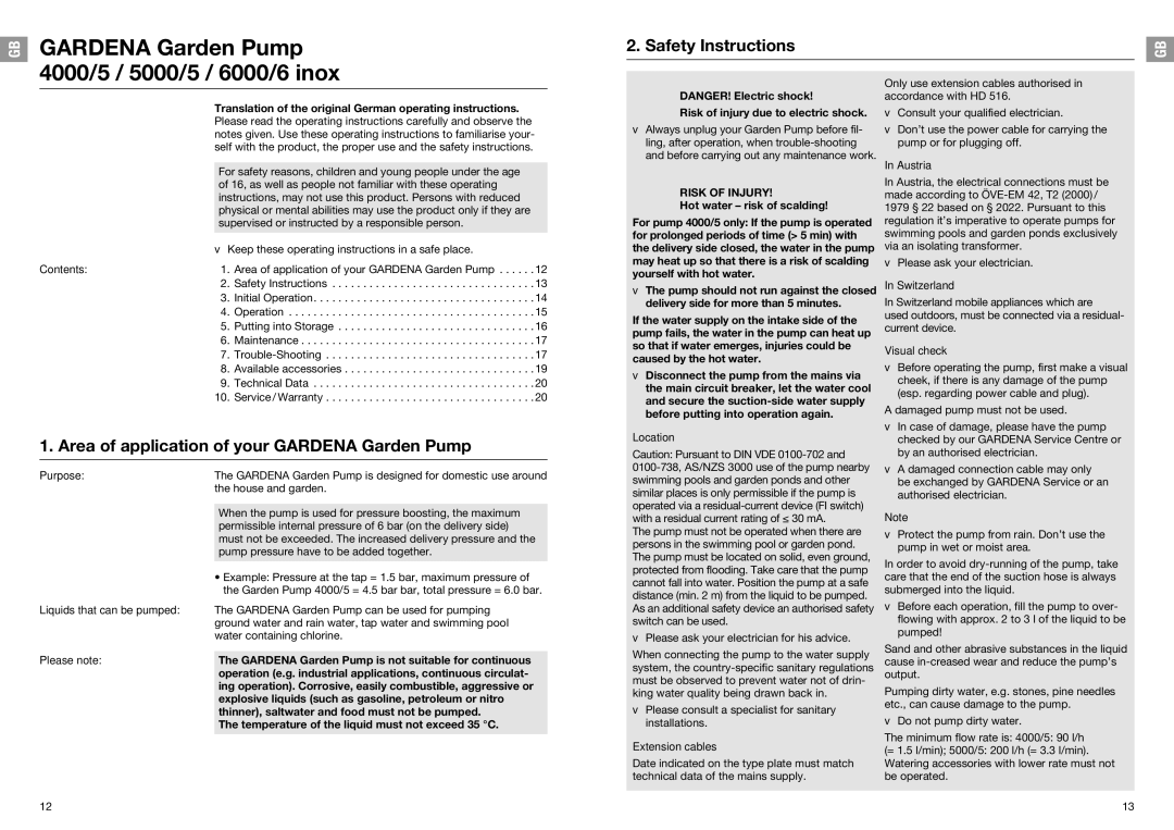 Gardena 5000/5, 6000/6, 4000/5 operating instructions Safety Instructions, Area of application of your Gardena Garden Pump 