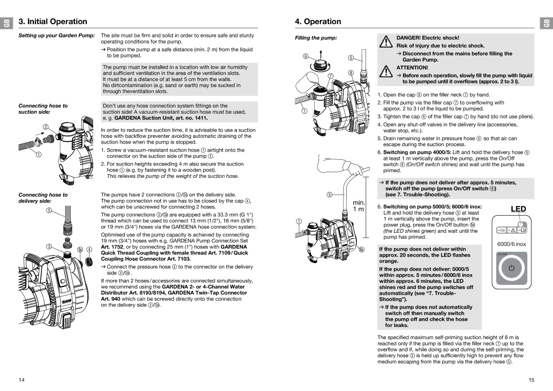 Gardena 6000/6, 4000/5, 5000/5 Initial Operation, Suction side, Filling the pump, Connecting hose to delivery side 