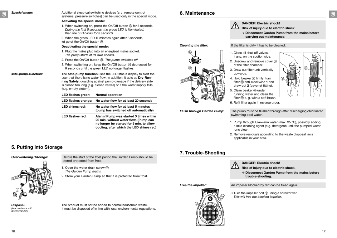 Gardena 4000/5, 6000/6, 5000/5 operating instructions Maintenance, Putting into Storage, Trouble-Shooting 