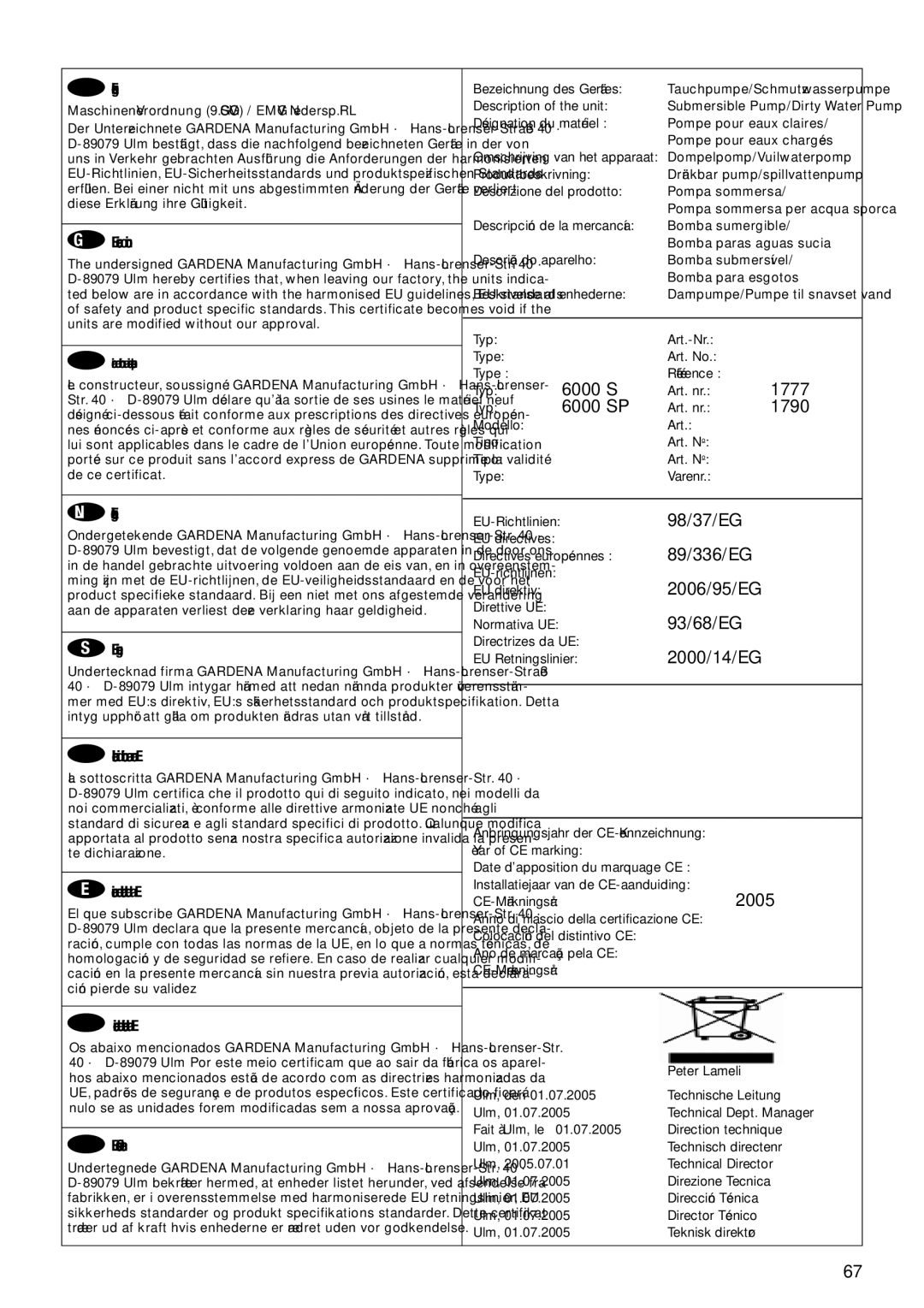 Gardena 6000S, 6000 SP manual 