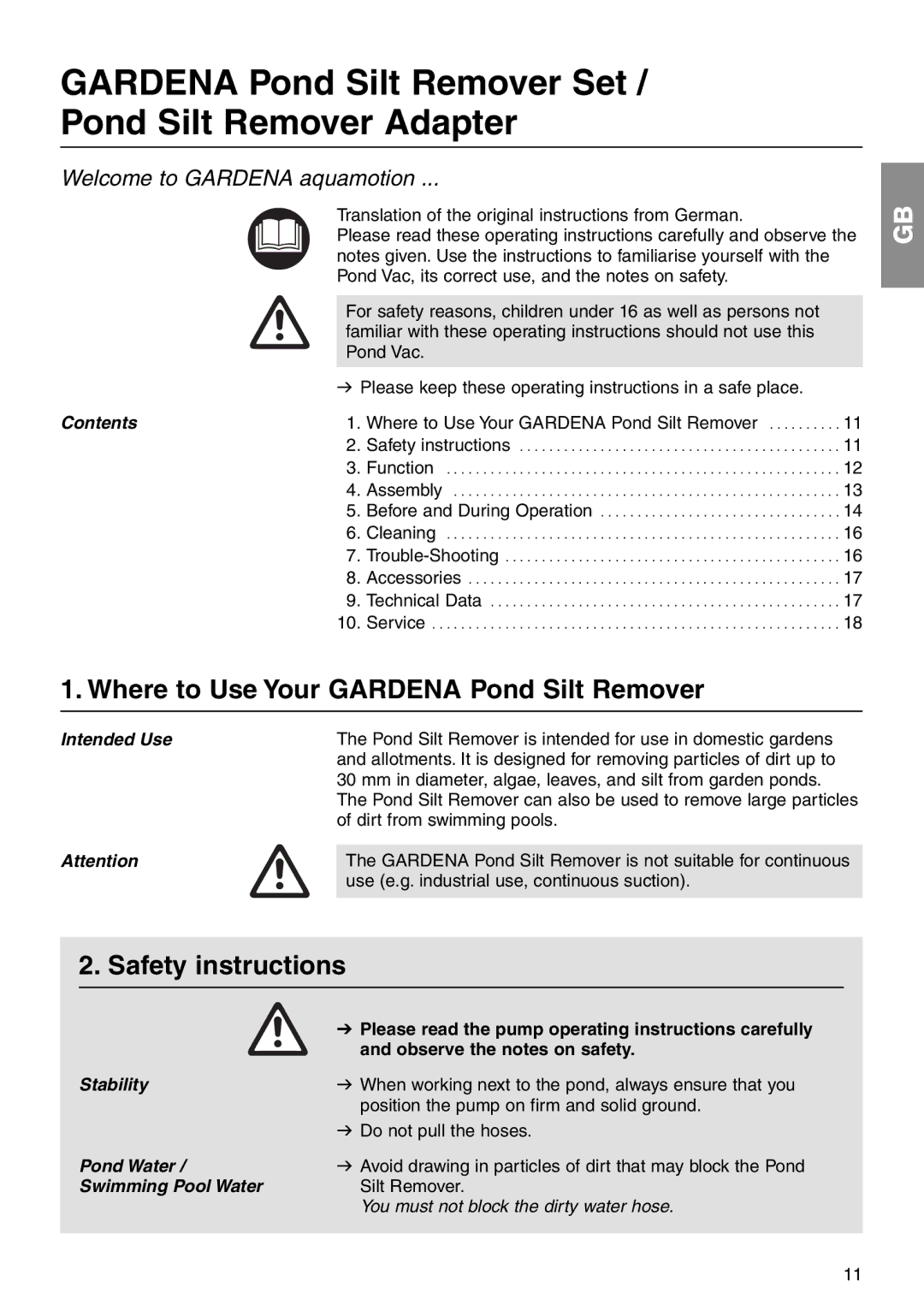 Gardena 7940, 7941 operating instructions Where to Use Your Gardena Pond Silt Remover, Safety instructions 