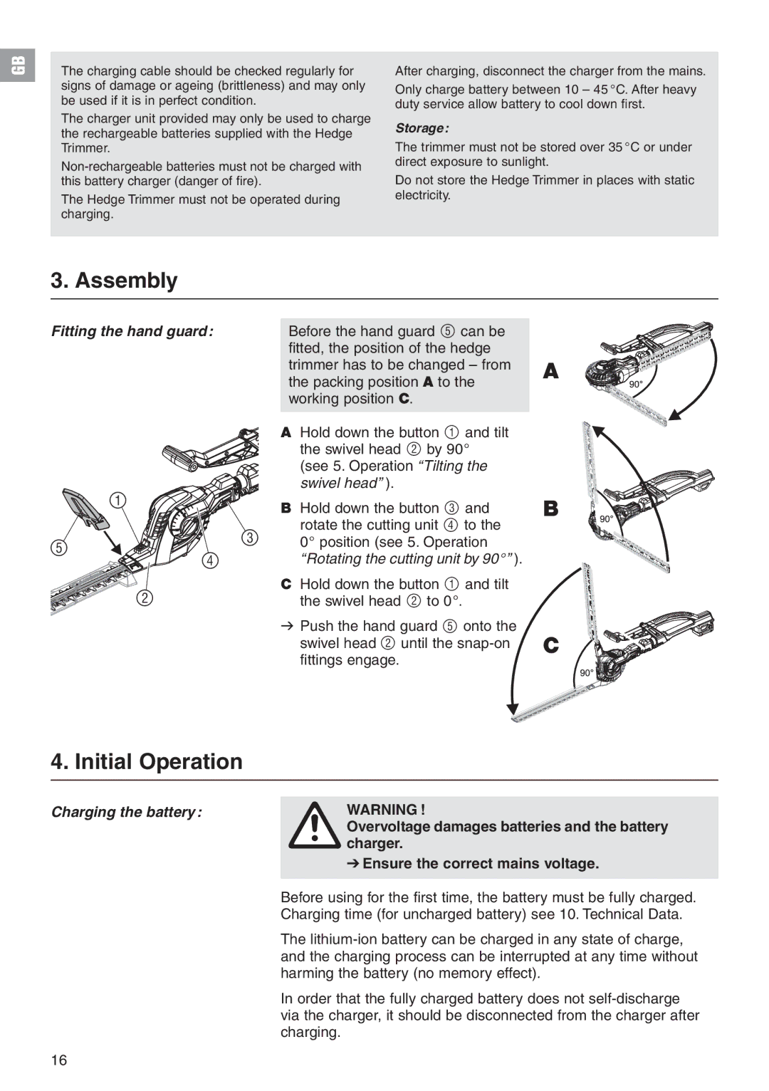 Gardena 8882 manual Assembly, Initial Operation, Fitting the hand guard, Charging the battery 