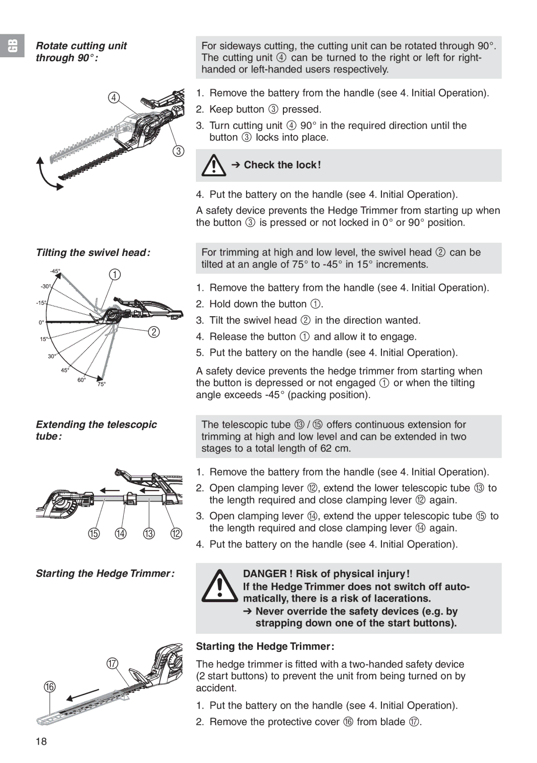 Gardena 8882 manual Rotate cutting unit, Through, Tilting the swivel head Extending the telescopic tube 