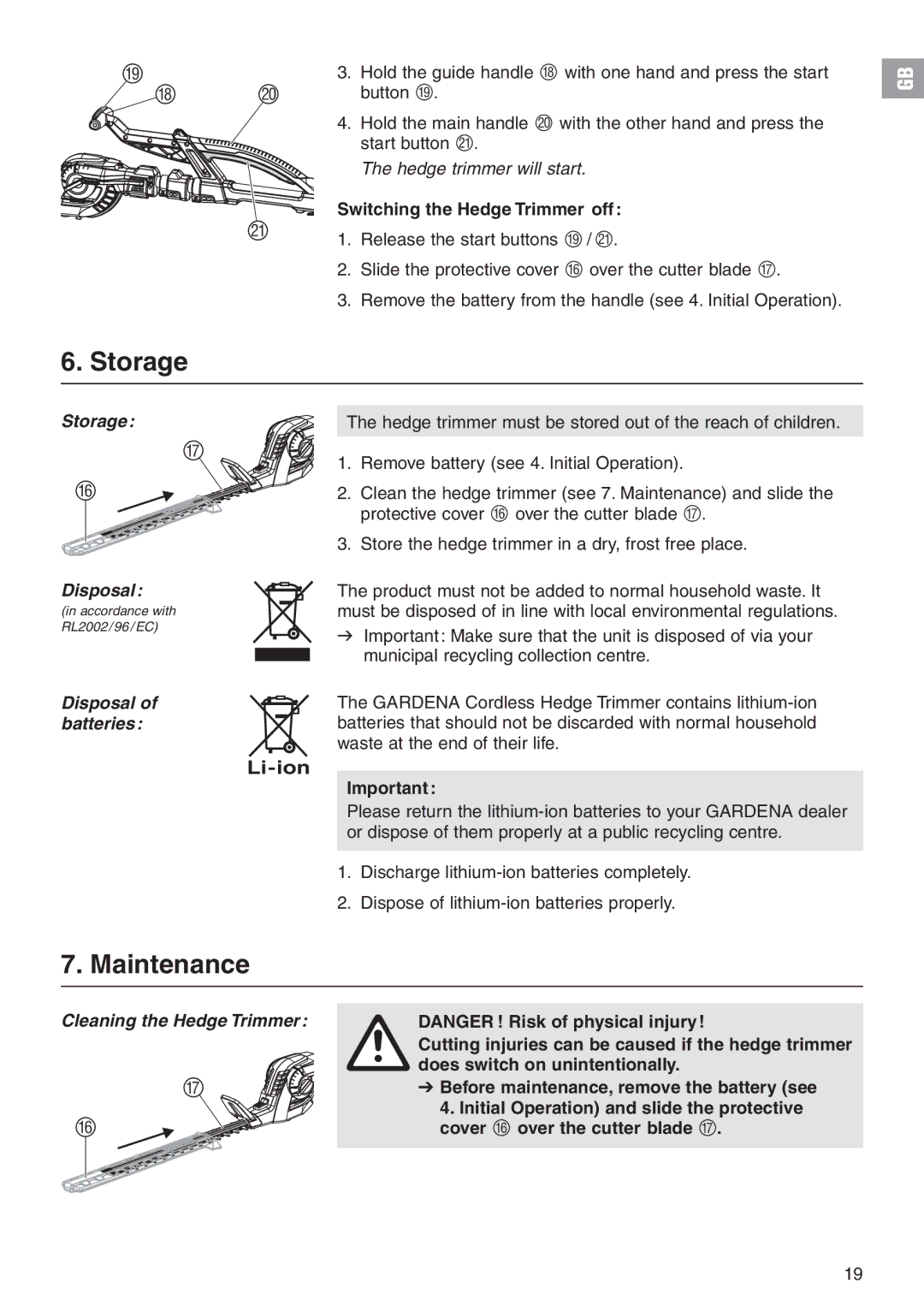 Gardena 8882 manual Maintenance, Storage Disposal, Disposal of batteries, Cleaning the Hedge Trimmer 