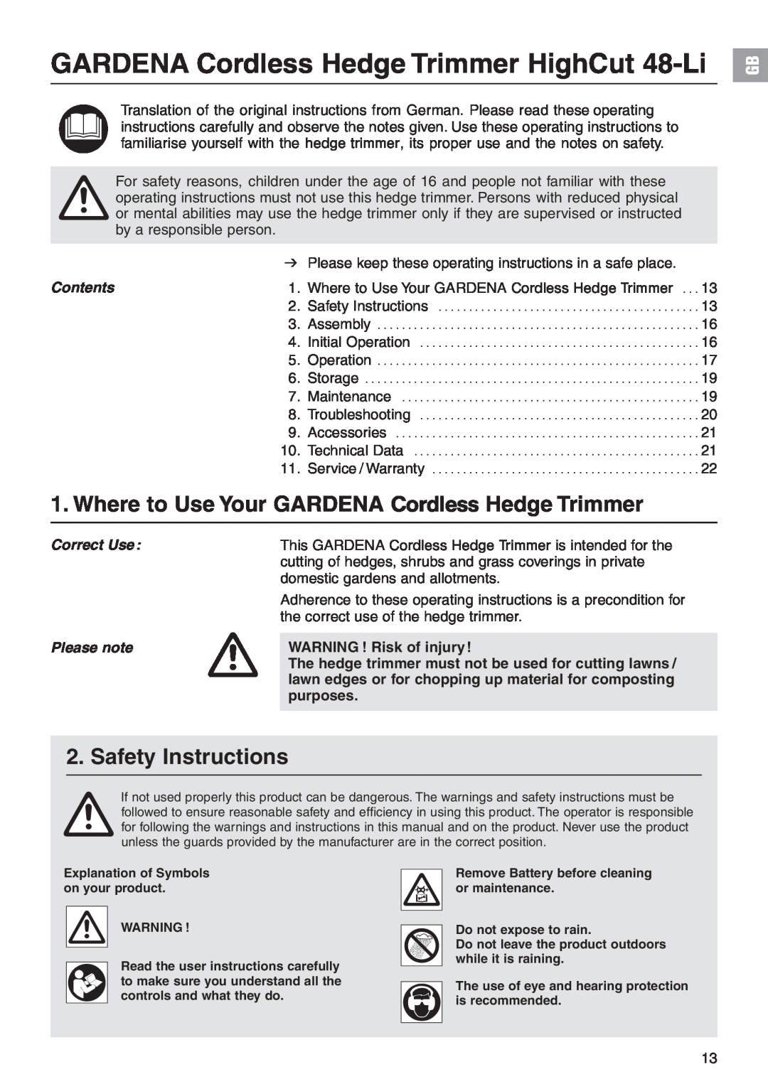 Gardena 8882 Where to Use Your GARDENA Cordless Hedge Trimmer, Safety Instructions, Contents, Correct Use, Please note 