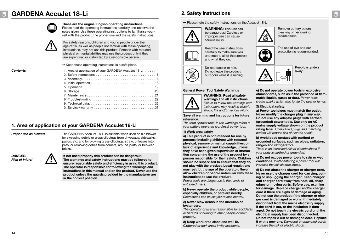 Gardena 9333-20 manual Safety instructions, Area of application of your Gardena AccuJet 18-Li 