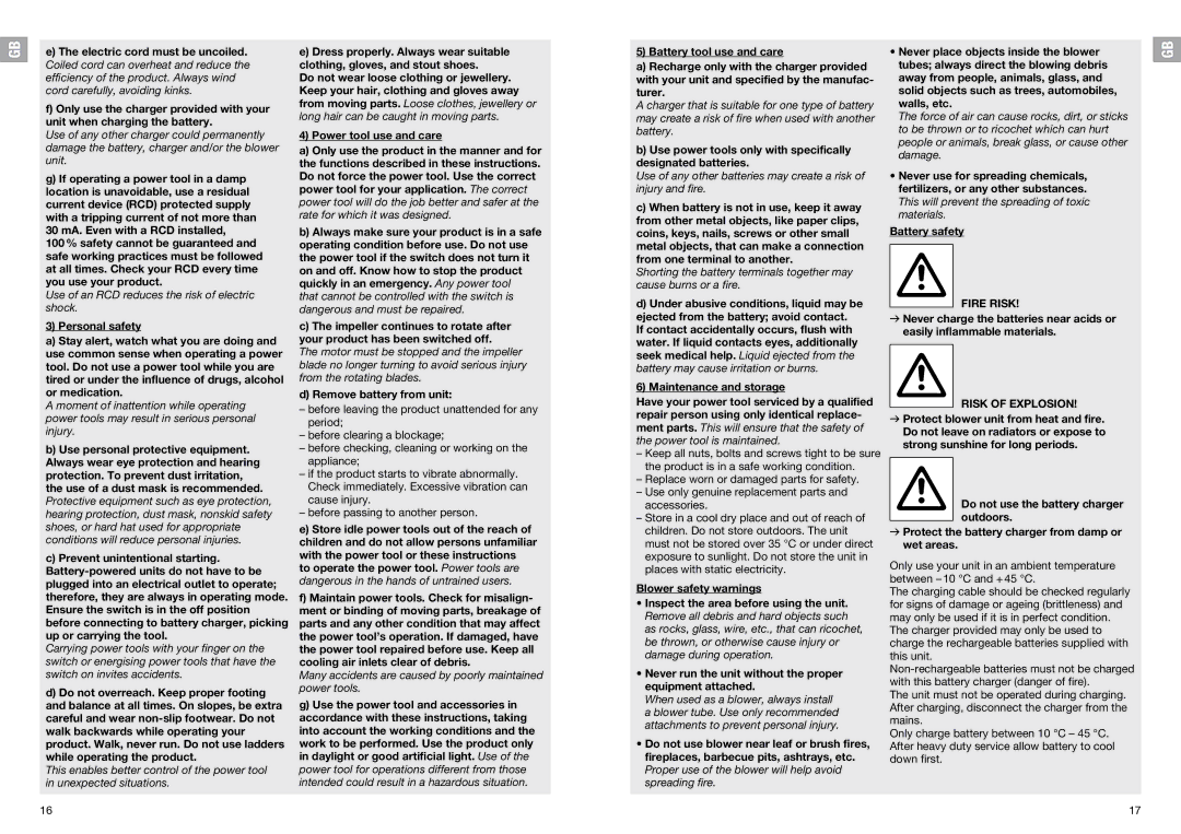 Gardena 9333-20 Prevent unintentional starting, Remove battery from unit, Maintenance and storage, Blower safety warnings 