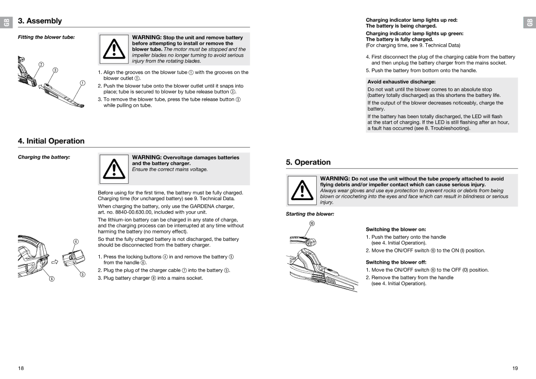 Gardena 9333-20 manual Assembly, Initial Operation, Fitting the blower tube, Starting the blower 