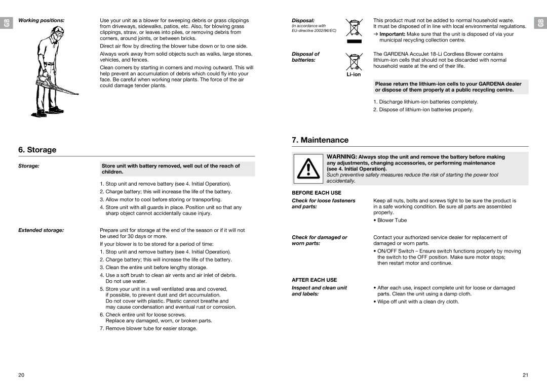 Gardena 9333-20 manual Storage, Maintenance 