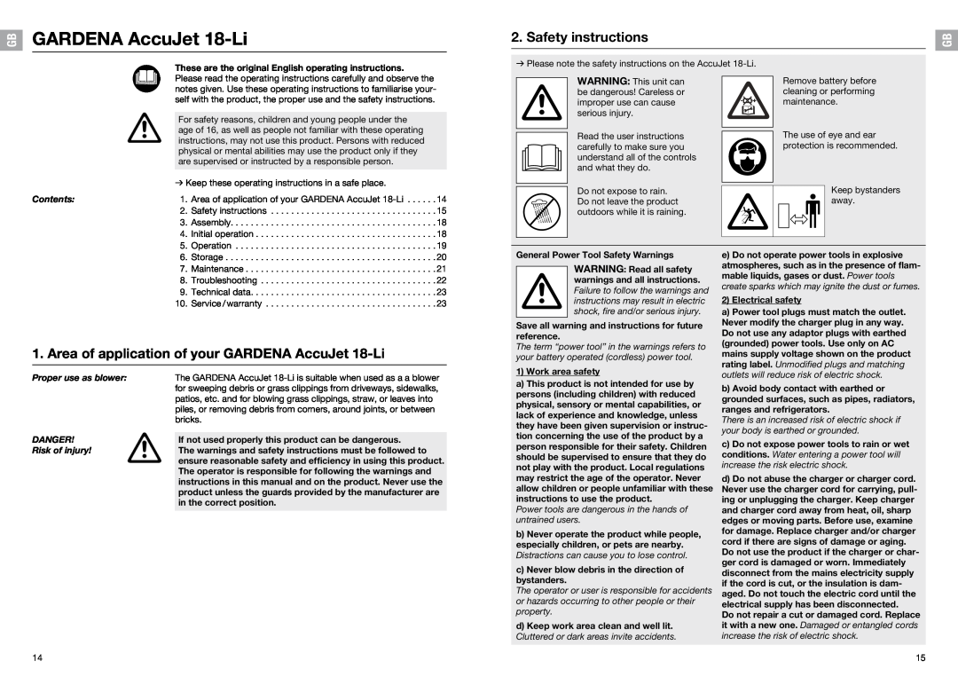 Gardena 9333-20 manual Safety instructions, GARDENA AccuJet 18-Li, Contents, rating label. Unmodified plugs and matching 