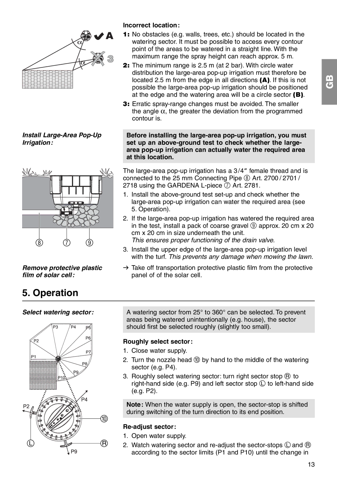 Gardena Art. 1559 manual Operation, Incorrect location, Select watering sector, Roughly select sector, Re-adjust sector 