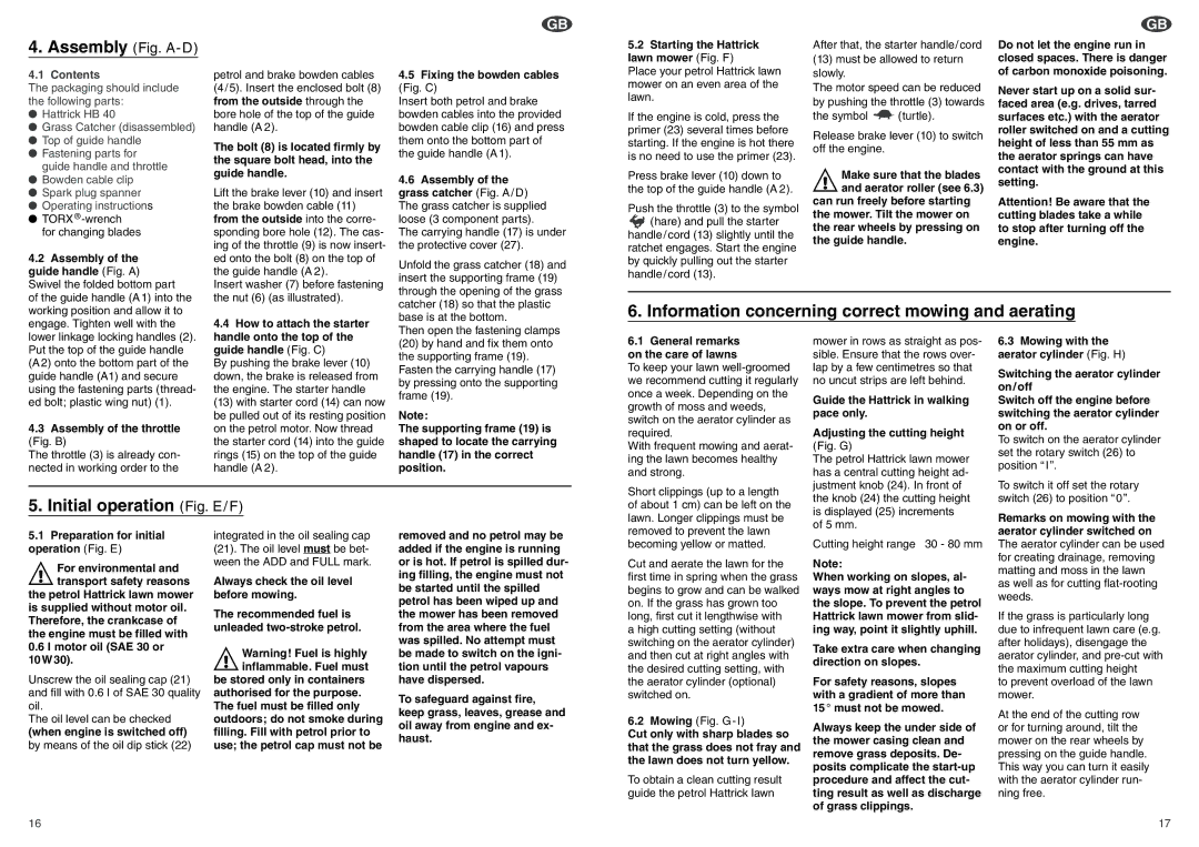 Gardena Art. 4010, Art. 4005 manual Information concerning correct mowing and aerating, Initial operation Fig. E/F, Contents 