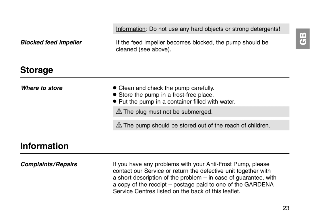 Gardena Art 7944 operating instructions Storage, Information, Blocked feed impeller, Where to store, Complaints/Repairs 