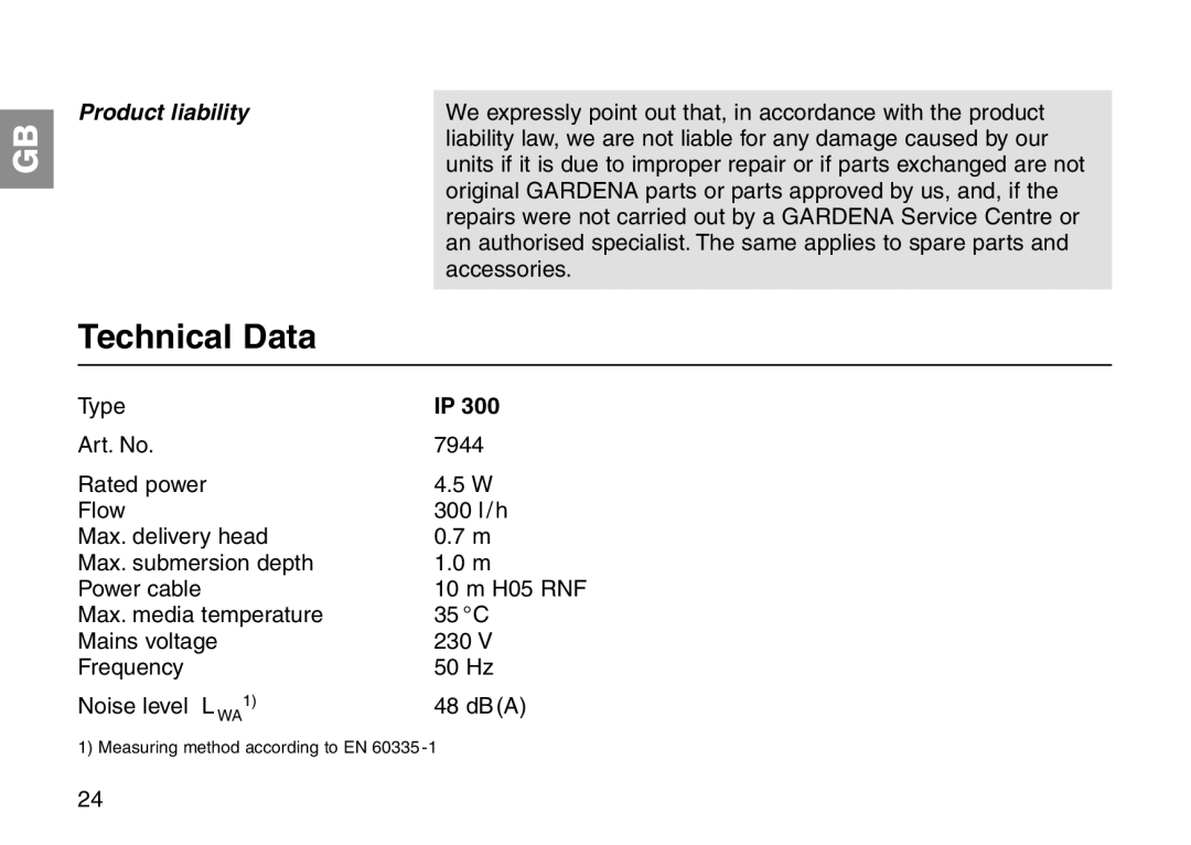 Gardena Art 7944 operating instructions Technical Data, Product liability 