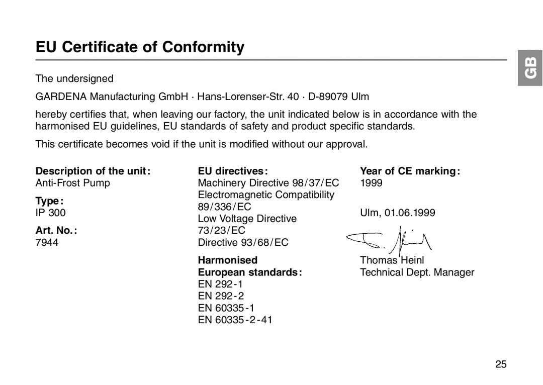 Gardena Art 7944 operating instructions EU Certificate of Conformity 