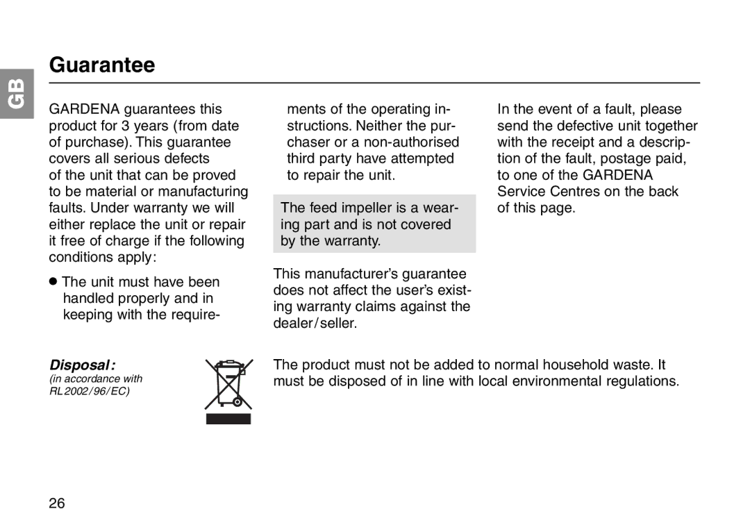 Gardena Art 7944 operating instructions Guarantee, Disposal 