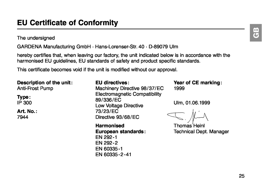Gardena Art 7944 EU Certificate of Conformity, Description of the unit, EU directives, Year of CE marking, Type, Art. No 