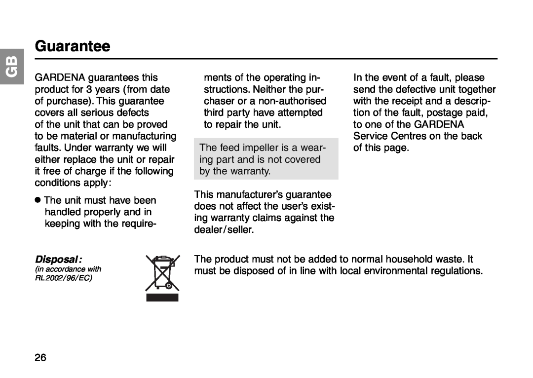 Gardena Art 7944 operating instructions Guarantee, Disposal 