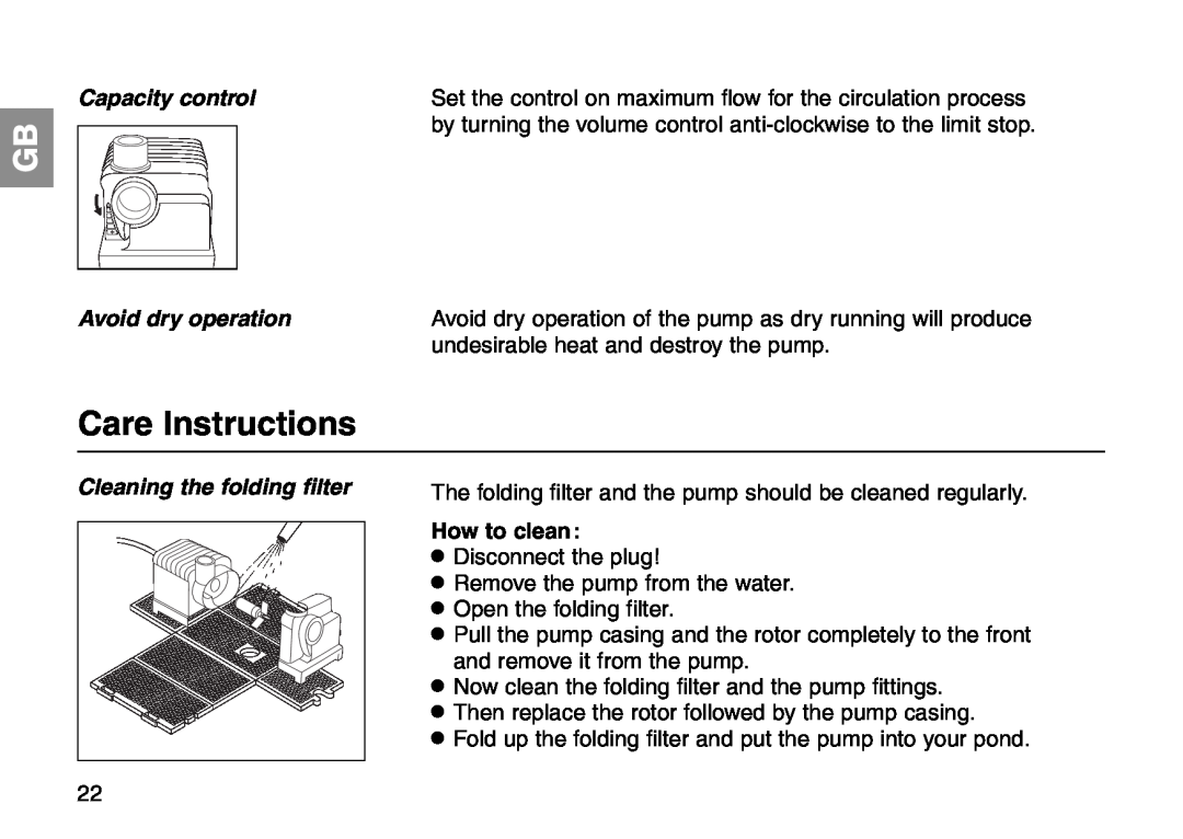 Gardena Art 7944 Care Instructions, Capacity control, Avoid dry operation, undesirable heat and destroy the pump 