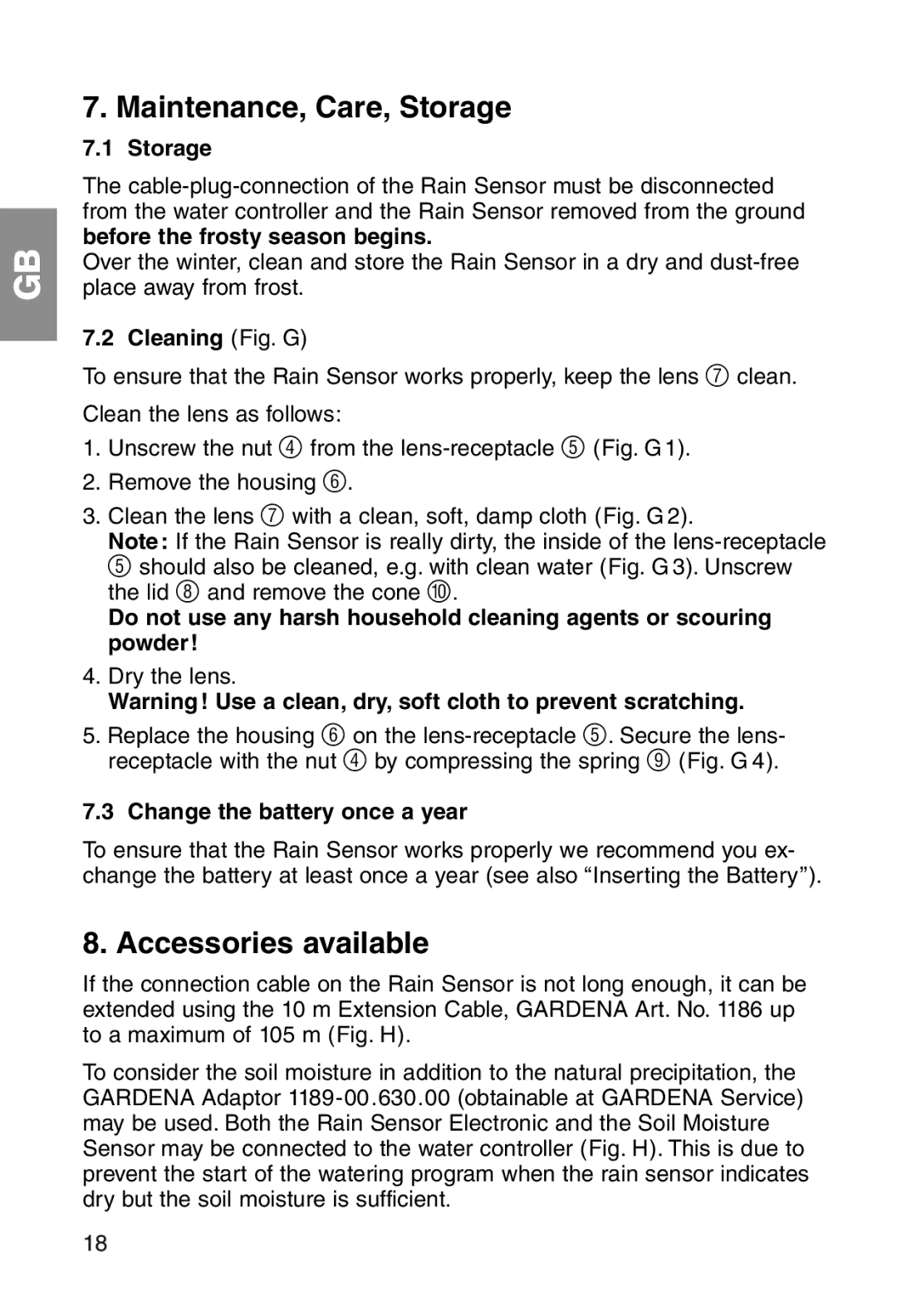 Gardena ART.1189 manual Maintenance, Care, Storage, Accessories available, Cleaning Fig. G, Change the battery once a year 