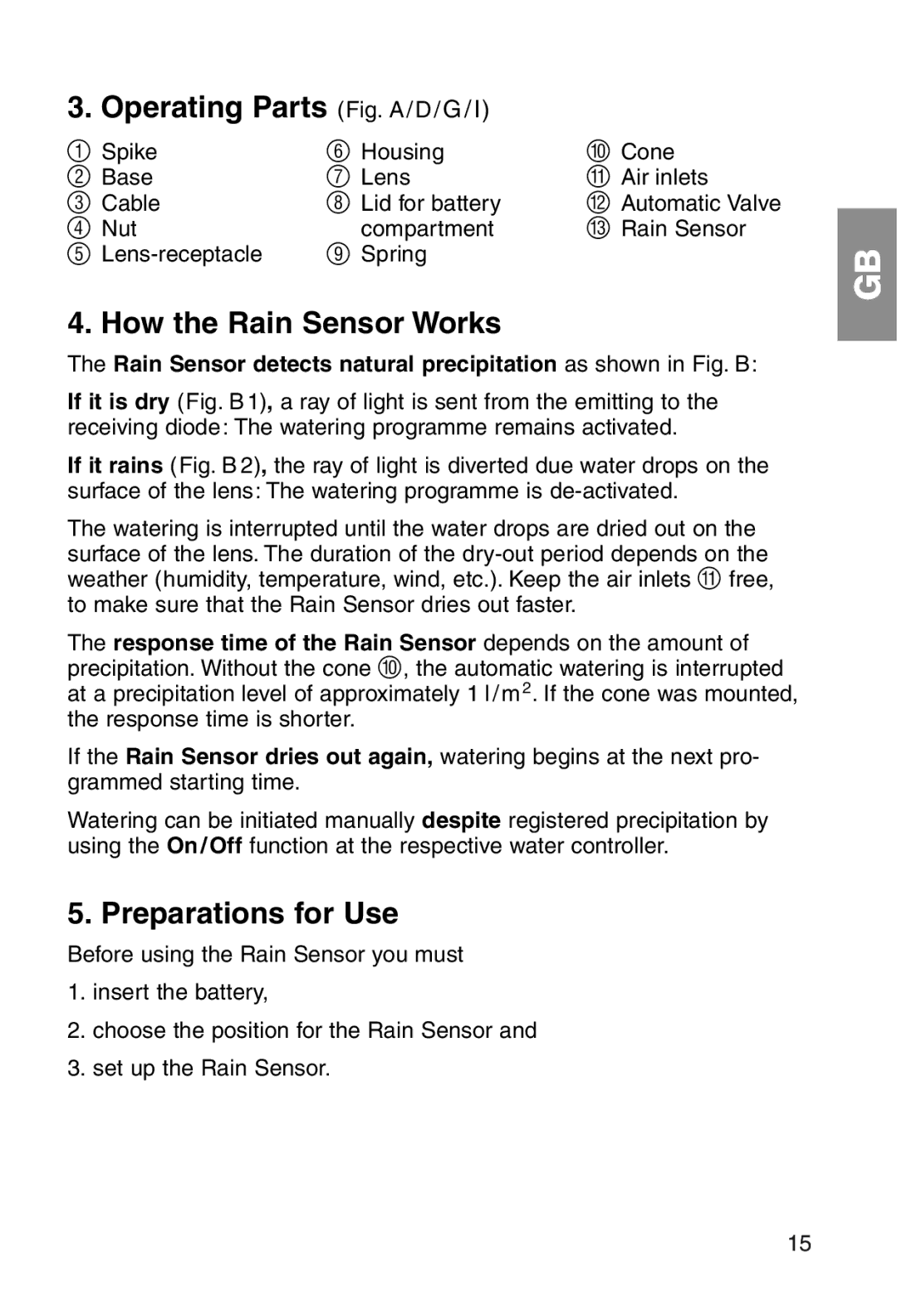 Gardena ART.1189 manual Operating Parts Fig. a / D / G, How the Rain Sensor Works, Preparations for Use 