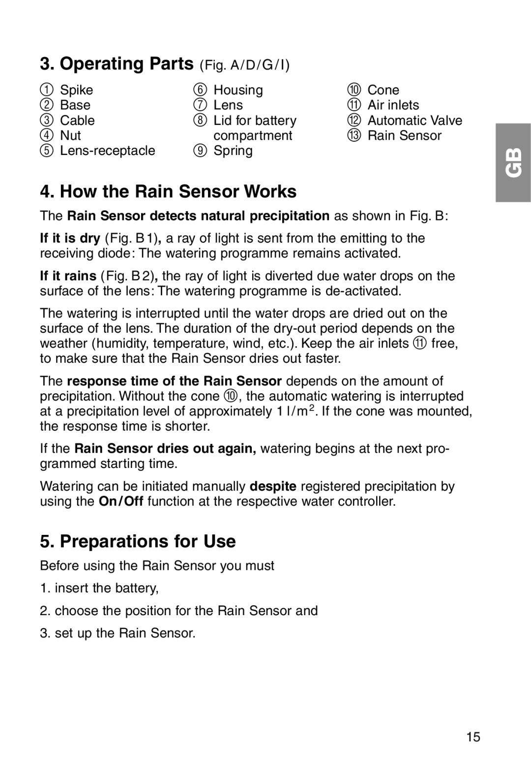 Gardena ART.1189 manual Operating Parts Fig. A / D / G, How the Rain Sensor Works, Preparations for Use 