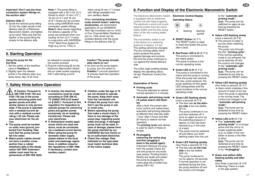 Gardena Art.1482 operating instructions Function and Display of the Electronic Manometric Switch, Starting Operation 