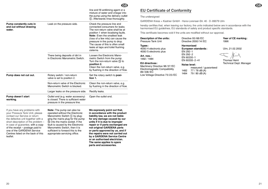 Gardena Art.1482 operating instructions EU Certificate of Conformity 