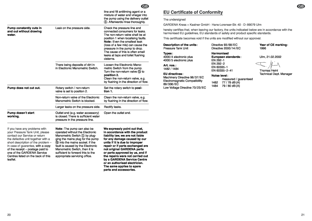 Gardena Art.1482 operating instructions EU Certificate of Conformity 