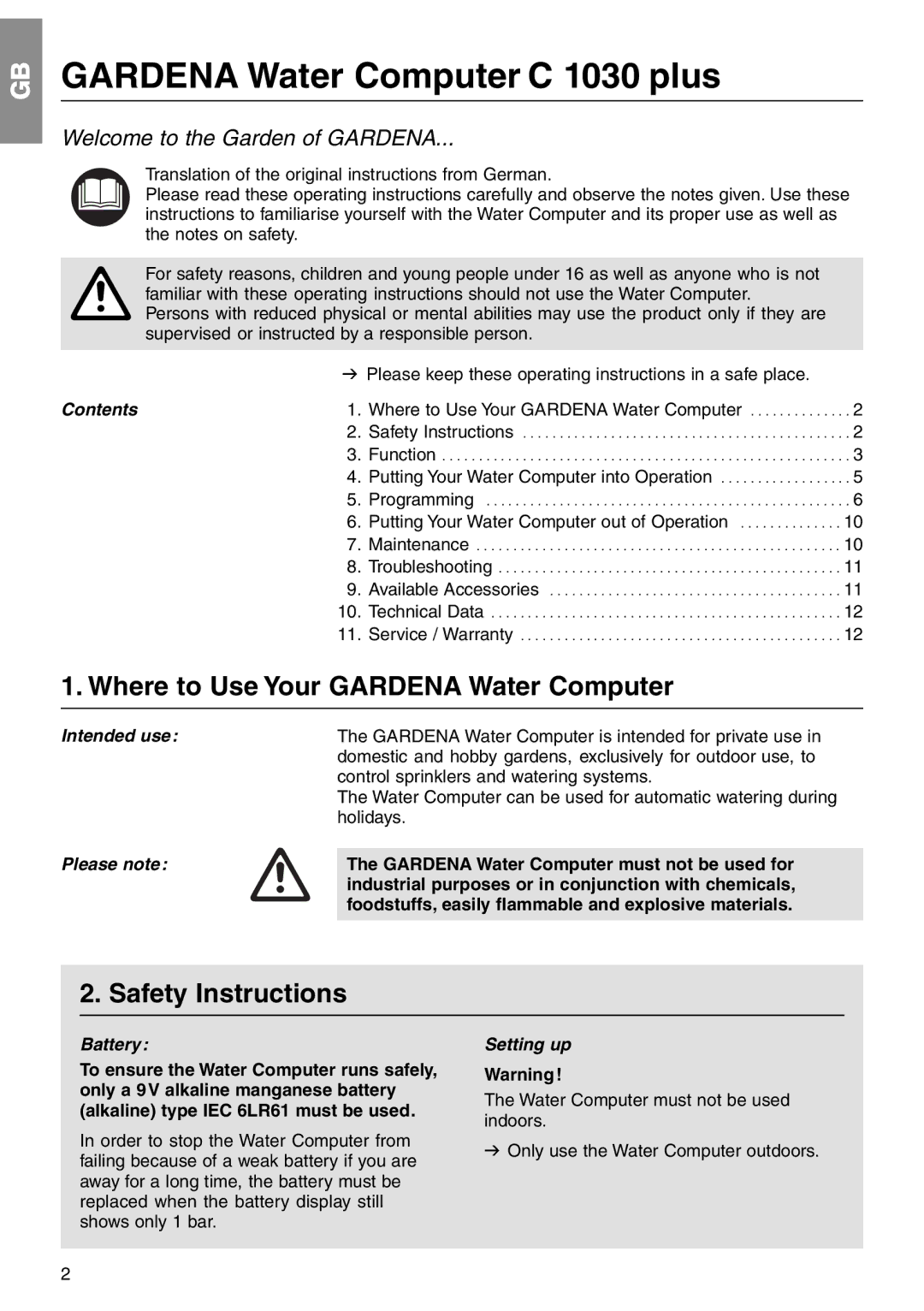 Gardena C 1030 plus Art. 1862 Where to Use Your Gardena Water Computer, Safety Instructions, Contents, Battery, Setting up 