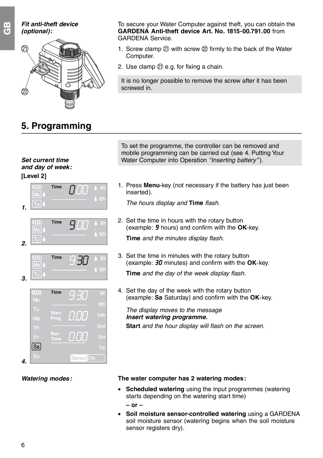 Gardena C 1030 plus Art. 1862 manual Programming, Fit anti-theft device optional, Set current time and day of week 