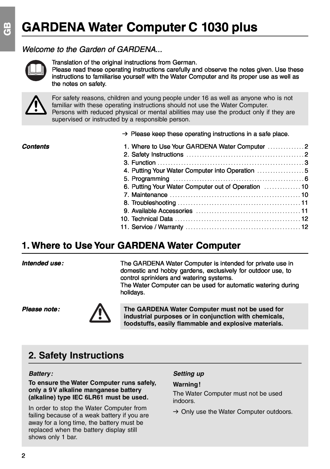 Gardena C 1030 plus Art. 1862 manual Where to Use Your GARDENA Water Computer, Safety Instructions 