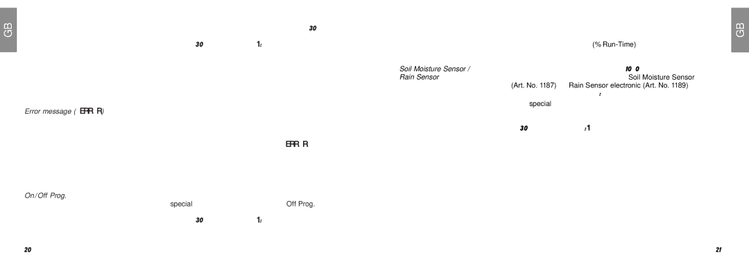 Gardena C 1060 profi manual Error message Erro R On/Off Prog, Soil Moisture Sensor, Rain Sensor 