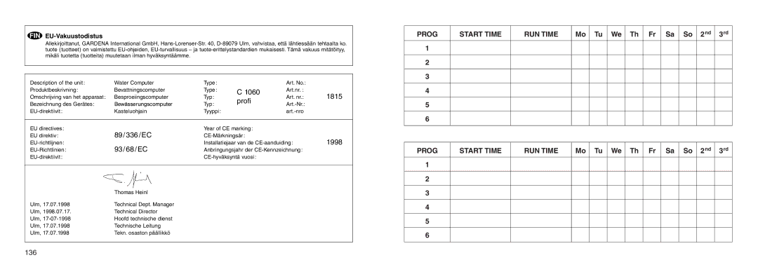 Gardena C 1060 profi manual Mo Tu We Th Fr Sa So 2nd 3rd, EU-Vakuustodistus 