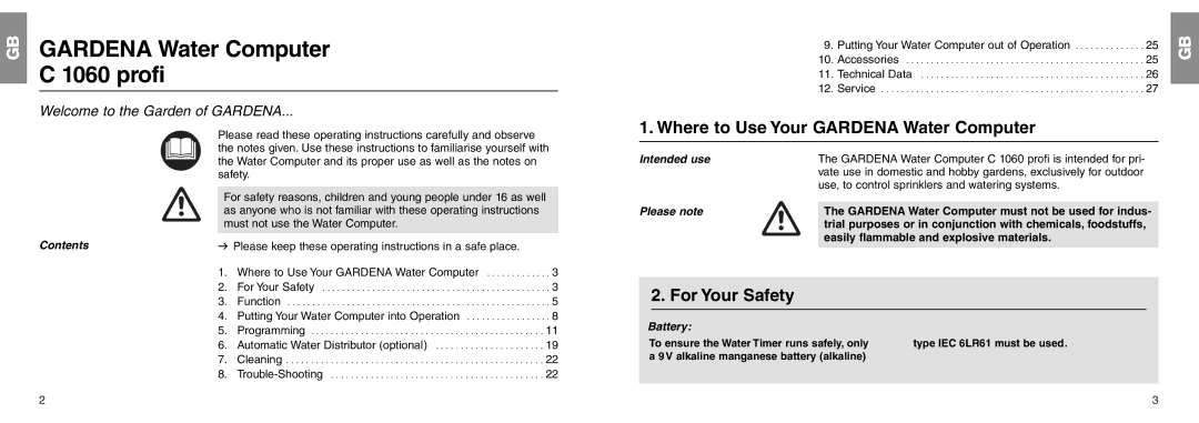 Gardena C 1060 profi manual Where to Use Your Gardena Water Computer, For Your Safety 