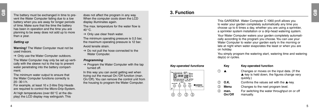 Gardena C 1060 profi manual Function, Setting up, Programming, Key-operated functions, Quickly 