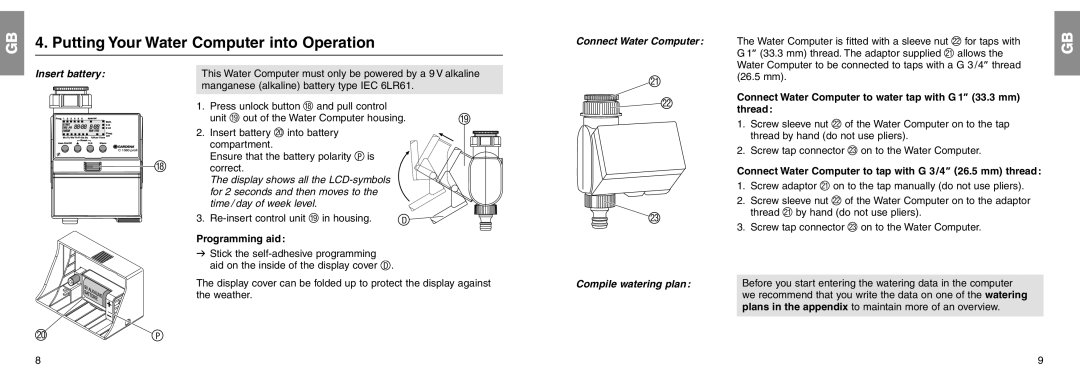 Gardena C 1060 profi manual Putting Your Water Computer into Operation, Connect Water Computer, Insert battery 